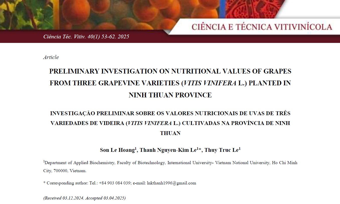 Novo artigo RCTV "INVESTIGAÇÃO PRELIMINAR SOBRE OS VALORES NUTRICIONAIS DE UVAS DE TRÊS VARIEDADES DE VIDEIRA (VITIS VINIFERA L.) CULTIVADAS NA PROVÍNCIA DE NINH THUAN"