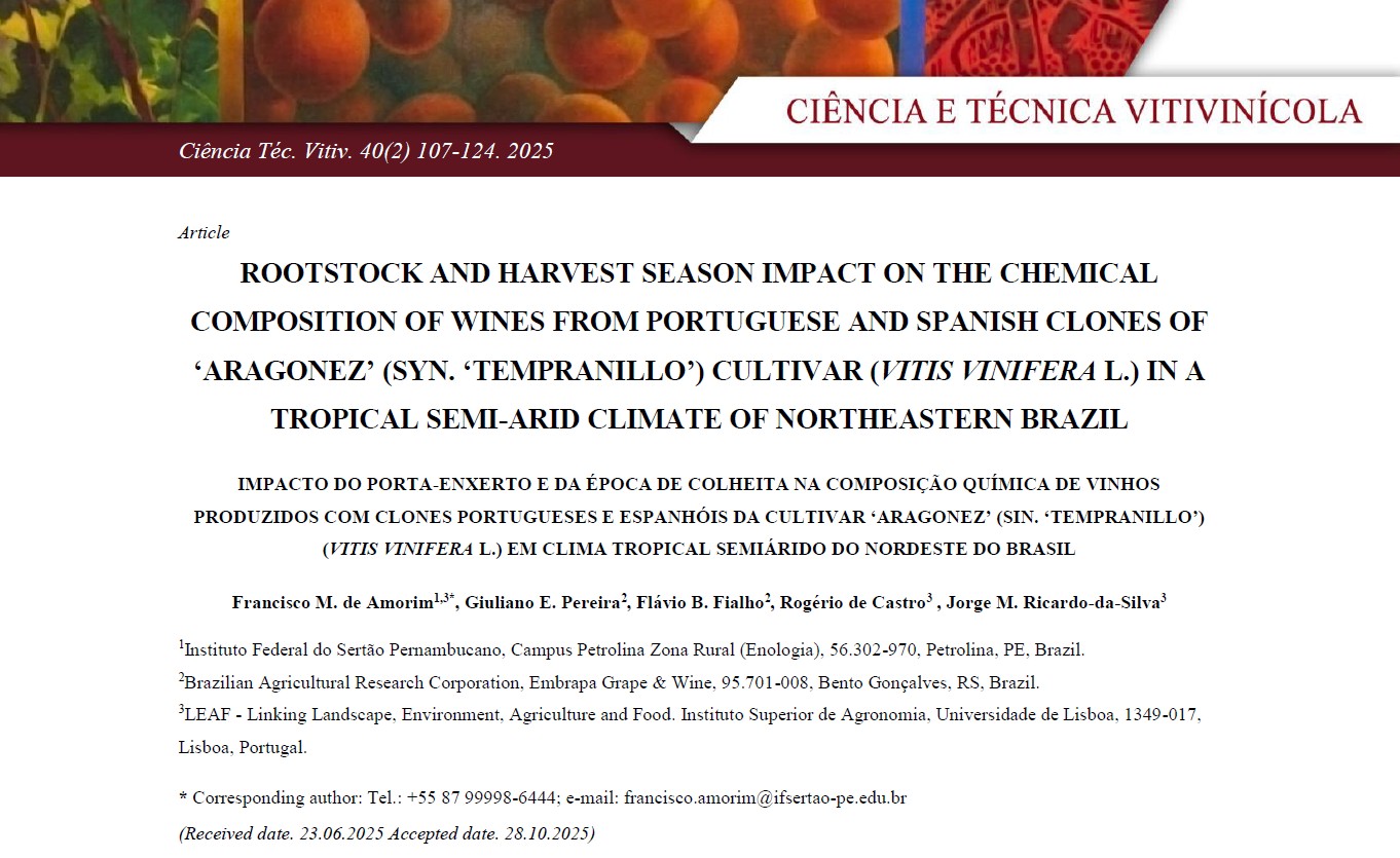 Artigo RCTV - Impacto do porta-enxerto e da época de colheita na composição química de vinhos produzidos com clones portugueses e espanhóis da cultivar ‘Aragonez’ (sin. ‘Tempranillo’) (Vitis vinifera L.) em clima tropical semiárido do nordeste do Brasil