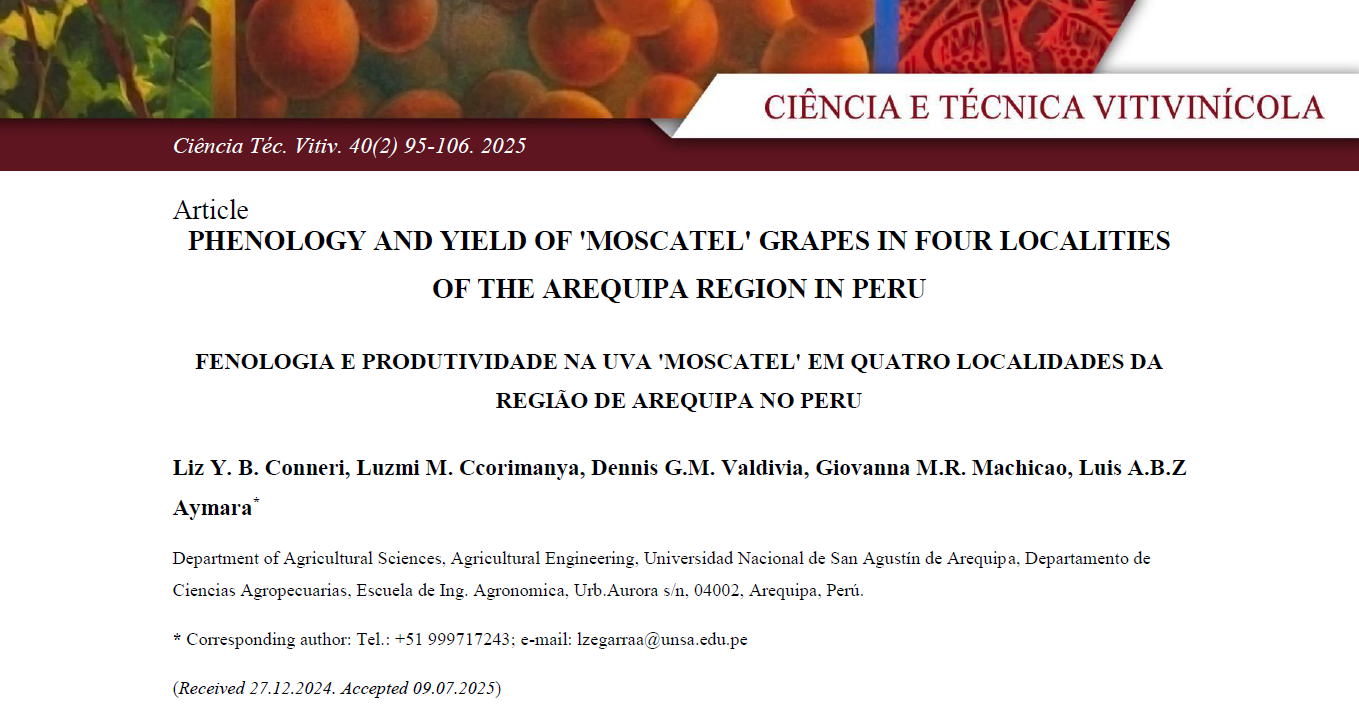 Novo artigo RCTV "FENOLOGIA E PRODUTIVIDADE NA UVA 'MOSCATEL' EM QUATRO LOCALIDADES DA REGIÃO DE AREQUIPA NO PERU" Novo artigo RCTV "FENOLOGIA E PRODUTIVIDADE NA UVA 'MOSCATEL' EM QUATRO LOCALIDADES DA REGIÃO DE AREQUIPA NO PERU"