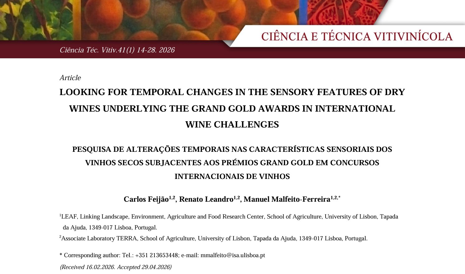 Pesquisa de alterações temporais nas características sensoriais dos vinhos secos subjacentes aos prémios Grand Gold em concursos internacionais de vinhos