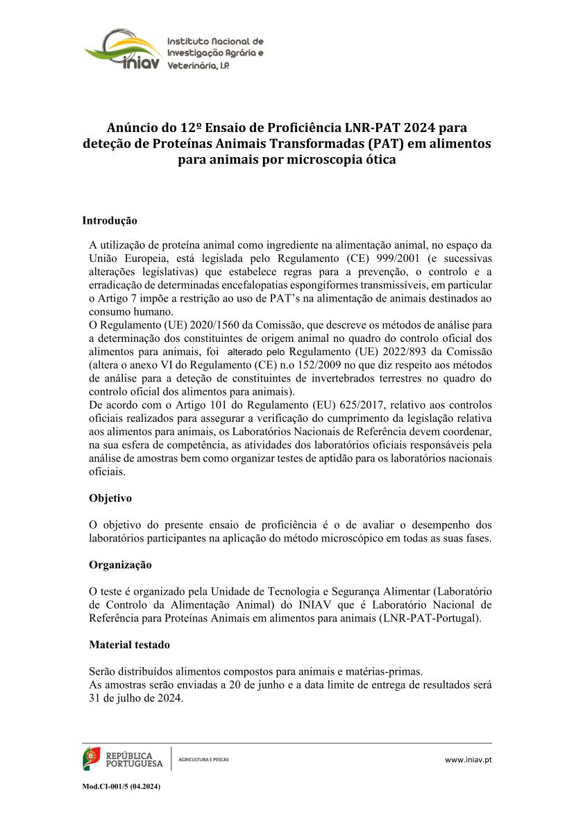 Anúncio do 12º Ensaio de Proficiência LNR-PAT 2024 para deteção de Proteínas Animais Transformadas (PAT) em alimentos para animais por microscopia ótica 