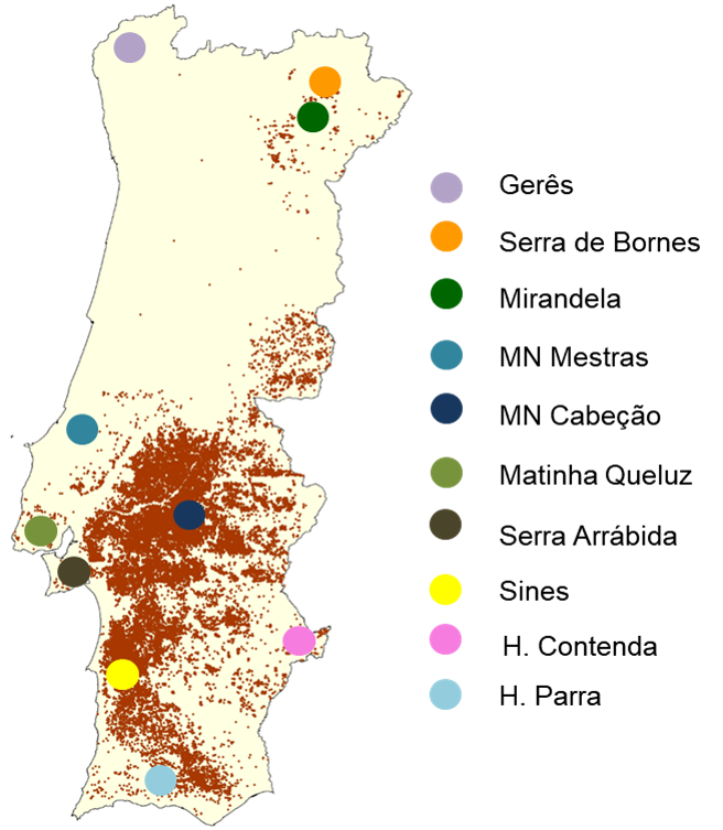 Localização das populações de conservação dos recursos genéticos in-situ na área de distribuição do Sobreiro