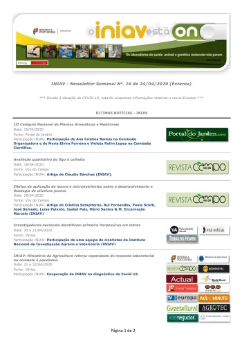 INIAV - Newsletter Semanal nº 16/2020 Imagem 1