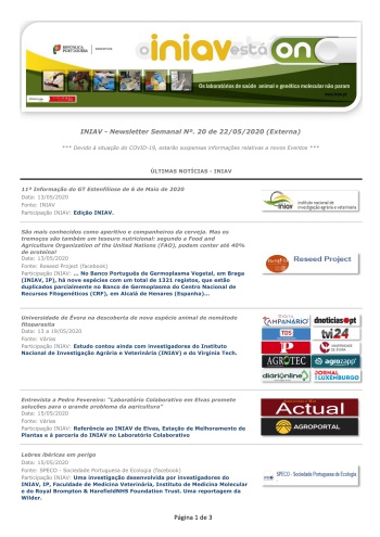 INIAV - Newsletter Semanal nº 20/2020 Imagem 1