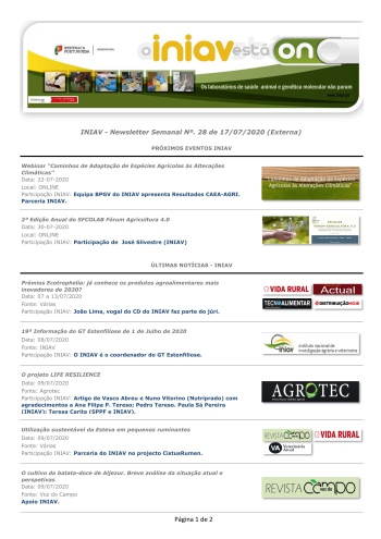 INIAV - Newsletter Semanal nº 28/2020 Imagem 1