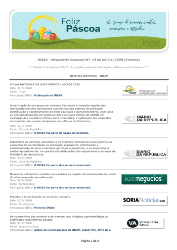 INIAV - Newsletter Semanal nº 14/2020 Imagem 1