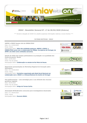 INIAV - Newsletter Semanal nº 17/2020 Imagem 1