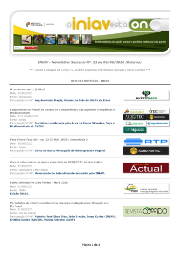 INIAV - Newsletter Semanal nº 22/2020 Imagem 1