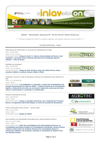 INIAV - Newsletter Semanal nº 26/2020 Imagem 1