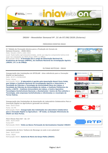 INIAV - Newsletter Semanal nº 31/2020 Imagem 1