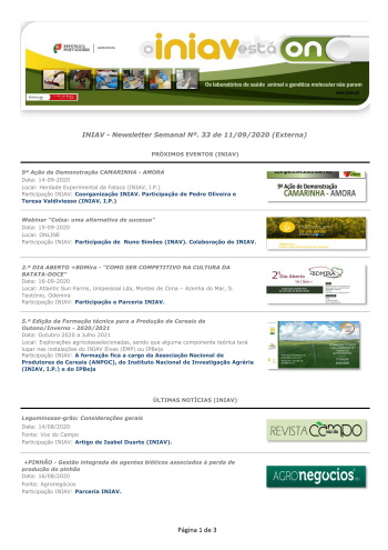 INIAV - Newsletter Semanal nº 33/2020 Imagem 1