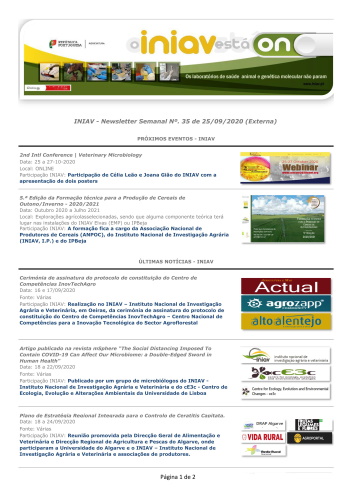 INIAV - Newsletter Semanal nº 35/2020 Imagem 1