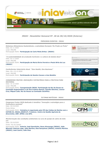 INIAV - Newsletter Semanal nº 40/2020 Imagem 1