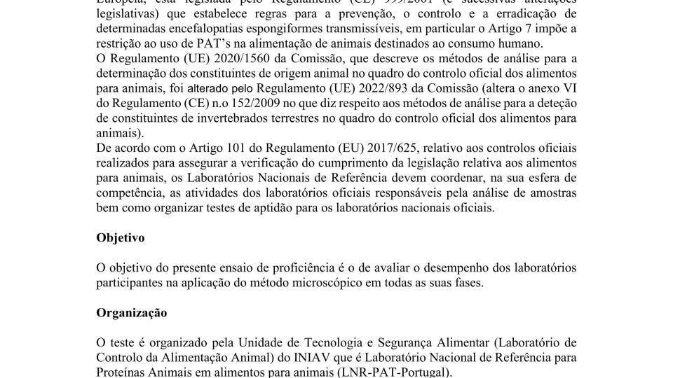 Anúncio do 14º Ensaio de Proficiência LNR-PAT 2026 para  deteção de Proteínas Animais Transformadas (PAT) em alimentos  para animais por microscopia ótica